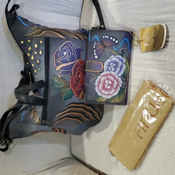 Anuschka Grey handpainted rose animal print safari hobo shoulder bag nwot - Picture 1 of 16